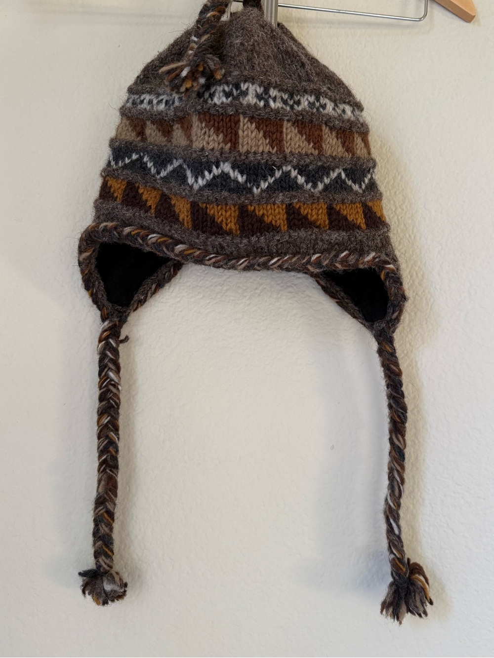 Knitted Earflap Hat with Tassels in Brown and Gray